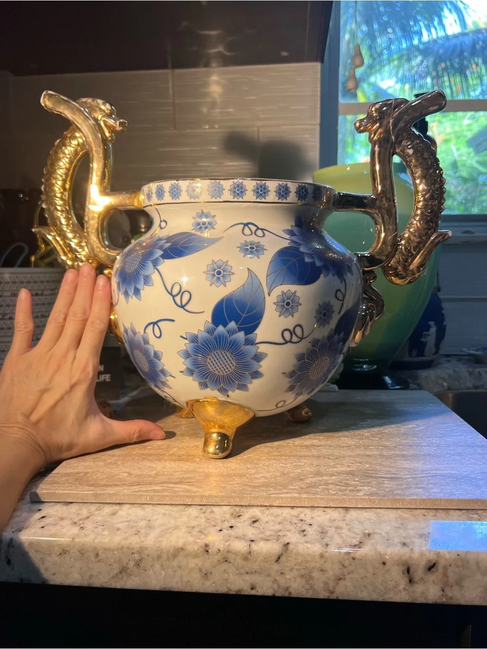 Blue Floral Porcelain Urn with Gold Dragon Handles